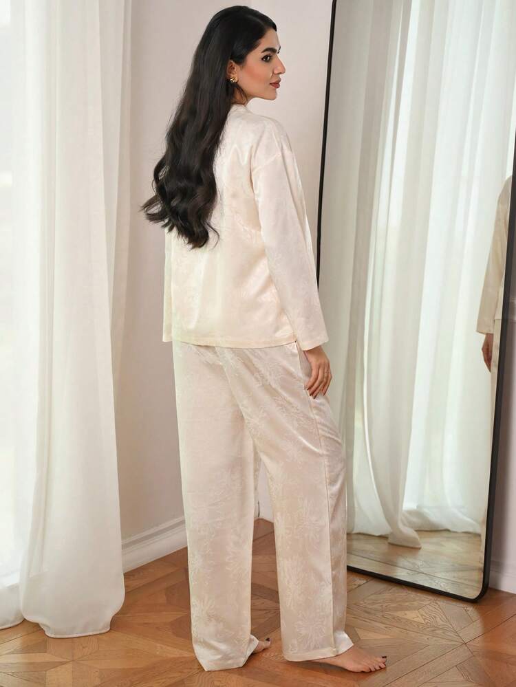 3pcs Jacquard Satin Cardigan, Camisole, And Pants Women Pajama Set