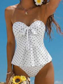 Bellisia 女士夏季沙滩波点印花系带抹胸式连体泳衣套装 - 黑與白 - 查看 5