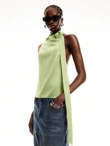 LYSMO Áo kiểu satin cổ yếm xếp ly dành cho nữ, thiết kế thắt khăn điều chỉnh được, hở lưng, hàng mới về năm 2025, phong cách tiên phong, cá tính. - màu xanh lá - Xem 4