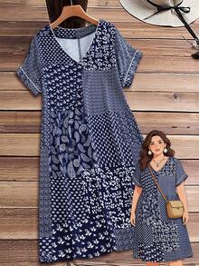 EMERY ROSE 大码女士度假腰果印花V领短袖连衣裙 - 彩色 - 查看 1