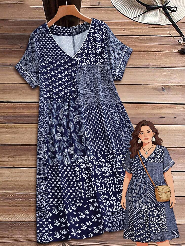 Plus Size Women Vacation Cashew Print V-Neck Short Sleeve Dress\Summer Summer Dress  Summer Outfits Summer Clothes Spring Dress Spring Outfit Women Spring Clothing Country Style For Women Country Dress For Women Vacation Outfits Women