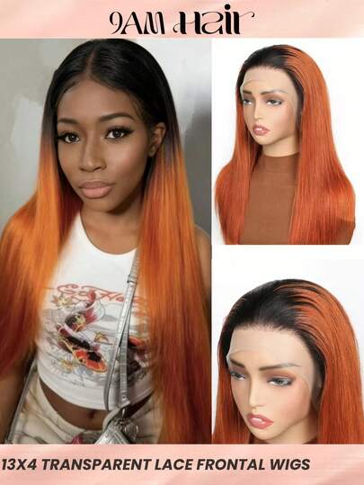 直发姜橙色蕾丝前假发，13*4透明蕾丝前片，1B350#色真人发，预先拔毛，适合日常佩戴和特殊场合，180密度，女士款