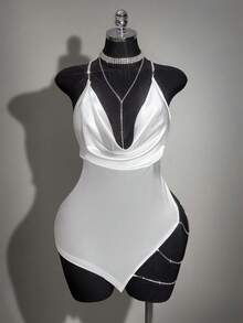 SHEIN ICON Plus Size Velvet Exaggerated Plunging Neckline Rhinestone Decor Backless Criss-Cross High Slit Mini Dress - White - View 7
