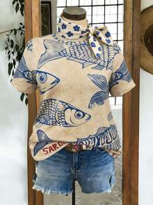 2026年春夏新款加大码女装：俏皮休闲卡其蓝条纹沙丁鱼印花圆领短袖T恤，春夏必备 - 卡其色 - 查看 1