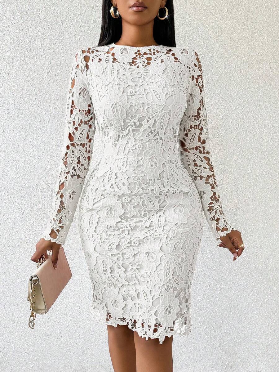 SHEIN Lady 四季婚礼宾客礼服优雅派对粉色蕾丝圆领连衣裙女士