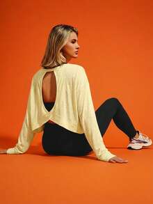 VARSITIE Women's Casual Solid Color Hollow Back Sports T-Shirt - Yellow - View 5