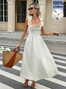 Serisse 女士度假纯色方领荷叶边露背系带中长连衣裙 - 杏色 - 查看 6