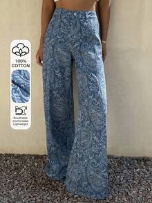 Livesso Quần jeans nữ màu xanh nhạt họa tiết hoa điều, kiểu dáng thường ngày, thích hợp cho mùa hè, xuân và thu. - Rửa tối - Xem 1