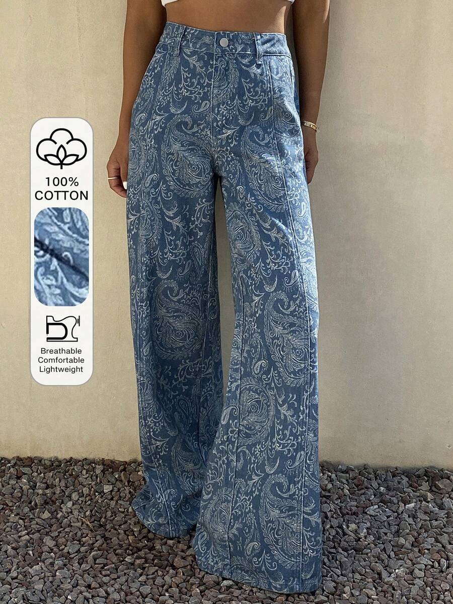 Livesso Quần jeans nữ màu xanh nhạt họa tiết hoa điều, kiểu dáng thường ngày, thích hợp cho mùa hè, xuân và thu. - Rửa tối - Xem 1