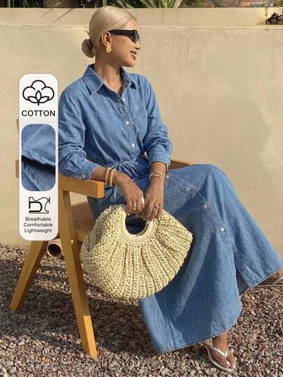 Livesso Women's Summer Collared Tie-Waist Washed Cotton Denim Dress, Blue