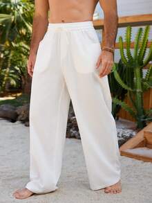 VENTUSAIL 男士休闲纯色长裤，适合度假穿着 - 白色 - 查看 4