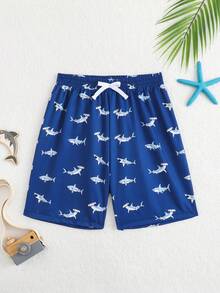 SHEIN 男童鲨鱼印花泳裤，适合海滩穿着 - 藍色 - 查看 3