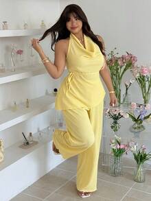 GalTyme 大码夏季休闲纯色露背吊带上衣和裤子两件套 - 鵝黃色 - 查看 5