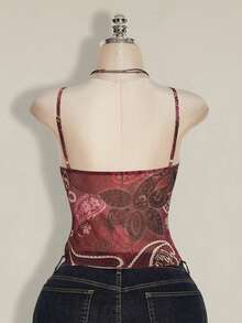 SHEIN ICON Plus Size Women Paisley Print Blue Green Ruffle Trim Camisole Top - Burgundy - View 2