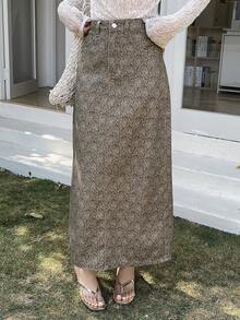 DAZY Falda vaquera casual de cintura regular, suelta y recta con estampado para uso diario - Marrón - Ver 7