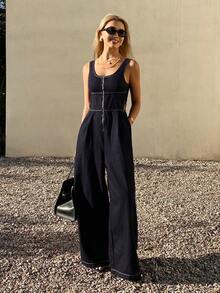 DAZY Women's Oversized Crew Neck Waist Cinched Long Casual Street Style Washed Zip-Up Original Color Denim Jumpsuit Summer - Dark Wash - View 7