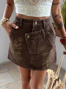 DAZY Falda recta con estampado de cintura regular para mujer, falda vaquera de línea A casual de verano - Marrón - Ver 5