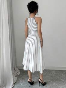 Franclia New Vintage Striped Patchwork Contrast Color Round Neck Sleeveless Knit Dress For Women - Light Grey - View 2