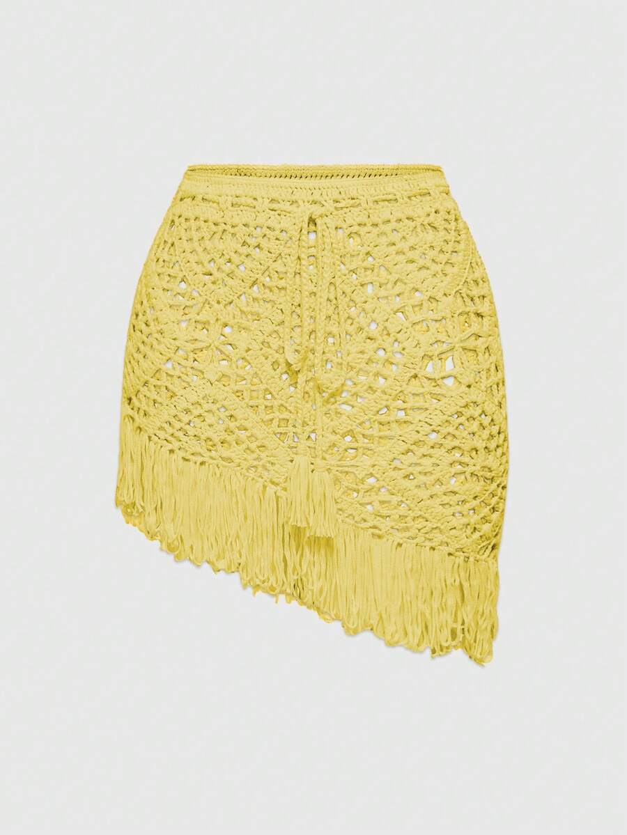 ROMWE Women's Fairycore Crochet Tassel Vacation Style Skirt - Yellow - View 1