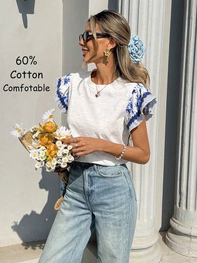 SHEIN Holidaya Women's Casual Solid Color Contrast Ruffle Sleeve T-Shirt   Summer  Summer T-Shirt   Summer Clothes  Casual T-Shirt  For Women   Casual T-Shirt  White T-Shirt White Boho Top Cute Short Sleeve Tops Spring And Summer Outfits For Women Flower Top Summer Casual Tops