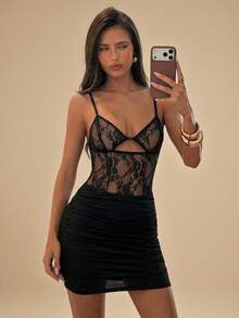 SHEIN BAE Black Sheer Lace Camisole Knit Mini Dress, Sexy Black Summer Dress - Black - View 8