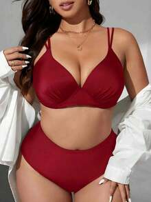 Swim Lushoire Women's Solid Color Underwire Bra Bikini Set With Adjustable Straps, Stylish, Fashionable, And Casual Beachwear - 紅玫瑰 - 查看 5