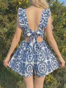 SHEIN 少女蓝白复古印花方领无袖荷叶边连体裤，露背蝴蝶镂空连体衣，适合度假、节日、午餐、音乐节等场合。 - 藍白色 - 查看 1