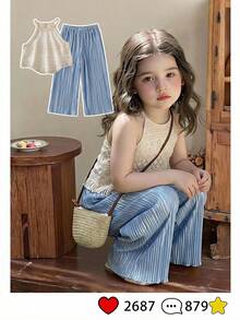Elladie kids 女童夏季白色和蓝色花卉镂空流苏设计无袖上衣和阔腿裤套装，适合日常外出、休闲旅行、度假、与朋友聚会和拍照。 - 彩色 - 查看 1