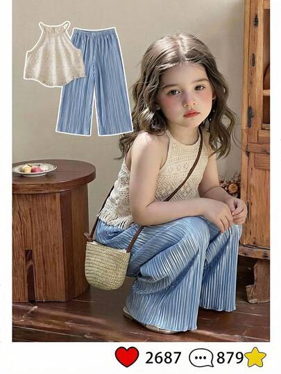Young Girls' Summer White & Blue Floral Hollow-Out Fringe Design Sleeveless Top & Wide Leg Pants Set, Suitable For Daily Outings, Casual Trips, Vacation, Hangouts With Friends, And Photo Shoots