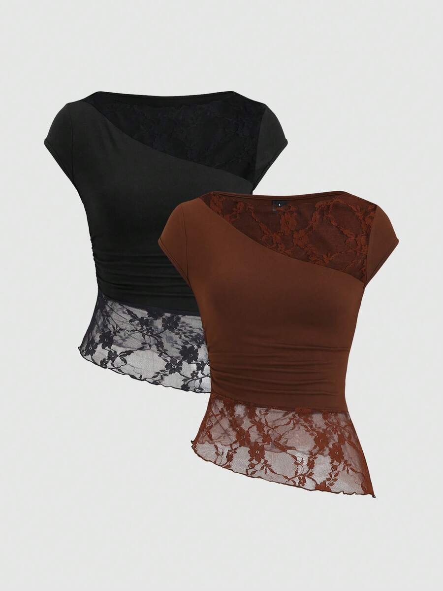 Sweetra Y2K Sexy Lace Patchwork Asymmetrical Hem Casual Vacation Blouse - Multicolor - View 1