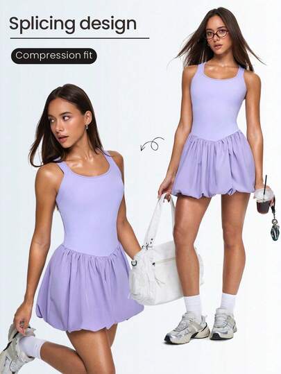 Eassivo Eassivo Women's Light Purple Bubble Hem Tennis Dress With Built-In Shorts, Sleeveless Athletic Skirt, Breathable Stretchy Sportswear For Workout, Running, Golf, Gym,Sports Dress With Criss-Cross Backless Design, Tennis Skirt For Outdoor Sports, Casual Running, Lightweight Flared Dress,Purple Tennis Dress,Purple Fabric Sleeveless Sporty Mini Dress For Women With Scoop Neck Ruched Detail