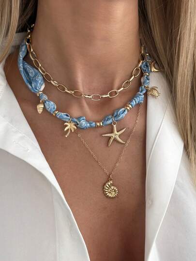 ROMWE Fairycore 3 Dây chuyền kim loại phong cách Bohemian Ocean Wind, mặt dây chuyền hình vỏ sò, sao biển, rùa và cây dừa, dây đeo ngang vai, dây chuyền dạng khăn lụa màu xanh dương, thích hợp cho nữ mùa hè, đi nghỉ mát, dự tiệc, quà tặng.