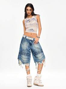ROMWE Grunge Punk Distressed Patchwork Low Waist Oversized Denim Bermuda Shorts - Blue - View 2