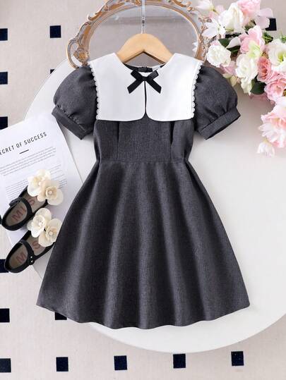 Elladie kids Tween Girls' Cute Collared White Dress With Black Bow Accent, Casual Gray Dress Girls Collared Dress Teen Girl Spring Dress Puff Sleeves Grey Dress For Teen Girls School Girl Dress Tween Girls Grey A-Line Dress With Peter Pan Collar And Half Puff Sleeves Everyday Casual Short Flared Hem Nueva Moda Ss26