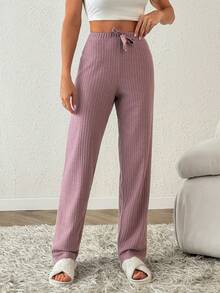 SHEIN Cottnline Women 3 Pcs Rib Knit With Fake Drawstring Detail Homewear Soft Comfort Sleep Pants Set - Multicolor - View 1