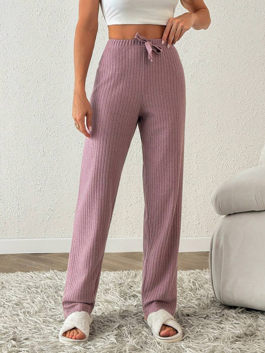 SHEIN Cottnline Women 3 Pcs Rib Knit With Fake Drawstring Detail Homewear Soft Comfort Sleep Pants Set - Multicolor - View 1