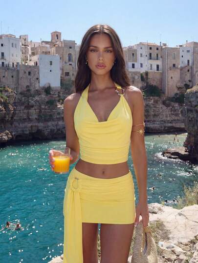 Bonvoyette 3pcs/Set Spring Break Summer New Solid Color Spaghetti Strap Elegant Sexy Vacation Camisole, Bikini Top And Matching Short Skirt With Asymmetrical Metal Ring Accessory, Beach/Pool Party Swimwear For Women Women's 2 Pieces Summer Outfits Yellow Bathing Suit Set Vacation Outfits Woman 2 Pieces Summer Two Pieces Sets Yellow Two Pieces Sets