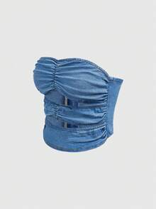 Rivivi Women's Pleated Casual Versatile Daily Wear Denim Tube Top - Blue - View 3
