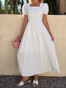 DAZY Women's Elegant Solid Color Square Neck Petal Sleeve White Mid-Length Dress, Summer Sundress - White - View 3