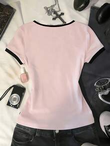SHEIN Women's Minimalist Print V-Neck Short Sleeve T-Shirt - Multicolor - View 2