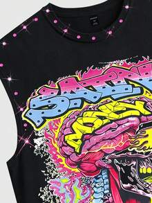 ROMWE MEN Street Life 骷髅头水钻设计圆领无袖上衣，夏季男士背心 - 黑色 - 查看 6