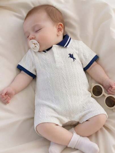 SHEIN 男女宝宝可爱撞色拼接Polo领短袖连体衣，春夏男宝宝服装套装