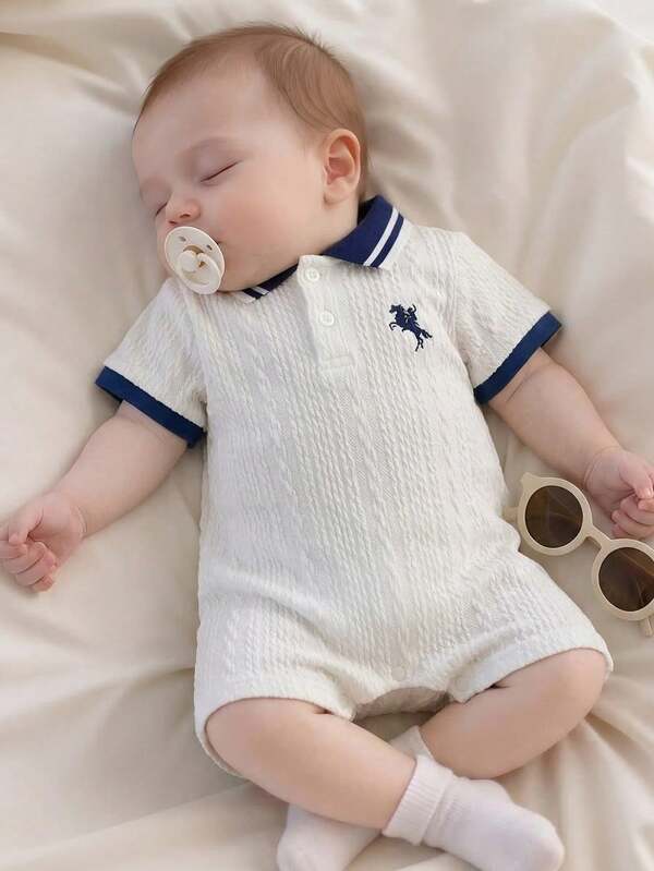 SHEIN 男女宝宝可爱撞色拼接Polo领短袖连体衣，春夏男宝宝服装套装