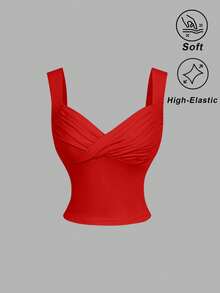 SHEIN MOD 女士纯色时尚褶皱针织吊带衫 - 紅色 - 查看 3