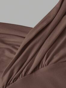 SHEIN MOD 女士纯色心形领口褶皱胸部修身针织吊带衫 - 咖啡棕 - 查看 4