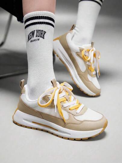 Vate Women Breathable Cushioned Platform Sneakers Colorblock Lace-Up Chunky Sole Walking Shoes Casual Sport Style For Daily Wear Travel Spring Summer White Mesh Athletic Shoes