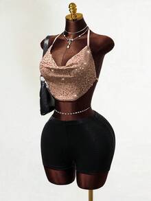 Mistrie Women's Sexy Party Halter Neck Sequin Cami - Sparkling Glamour - Dusty Pink - View 3