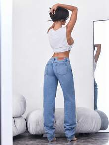 Denimoi 修身堆叠式牛仔裤 时尚街头风个性牛仔裤 修身牛仔裤 - 中等水洗藍 - 查看 3