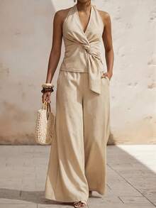 Zivah 2026春夏新款情人节、音乐节、复活节、西部风、游牧风、波西米亚风、纳什维尔派对、婚礼、晚宴、约会、聚会、生日、学院风、学生装、日常出行等场合皆宜的百搭基础款吊带露背扭结露背上衣+宽松阔腿裤，竹纤维面料卡其色两件套，春夏休闲度假女装 - 卡其色 - 查看 2