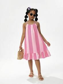 SHEIN Đầm dự tiệc dáng rộng, họa tiết sọc cầu vồng, dây mảnh, viền bèo nhún, thích hợp cho bé gái tuổi teen. - Hồng - Xem 3